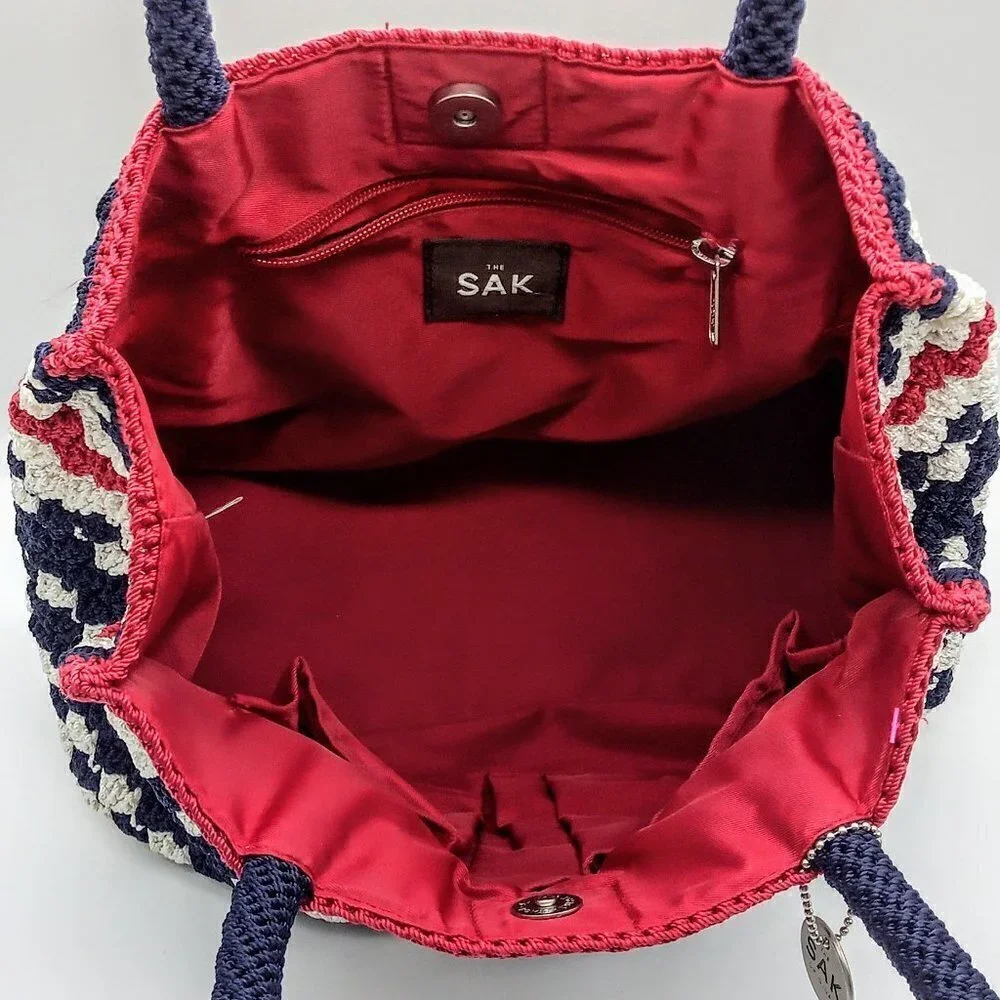 The Sak Original Red White Blue Stripe Crochet Satchel Bag